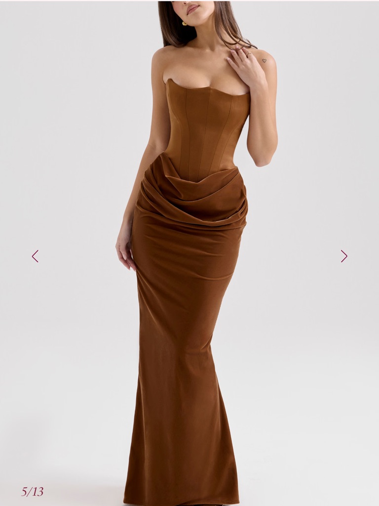 House Of Cb Brown Strapless Draped Corset Gown